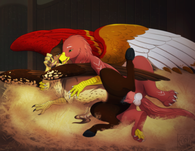 Hippogryph and Gryphon Mating
art by silvyr
Keywords: gryphon;hippogryph;male;female;feral;anthro;M/F;penis;cowgirl;vaginal_penetration;spooge;silvyr