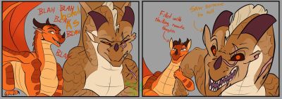 Burn and Scarlet (Wings_of_Fire)
art by SimpleScalie
Keywords: wings_of_fire;sandwing;princess_burn;queen_scarlet;dragoness;female;feral;humor;romance;non-adult;SimpleScalie