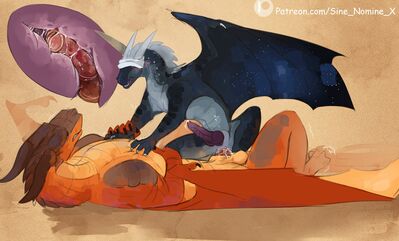 Clay and Starflight 4 (Wings_of_Fire)
art by sine_nomine_x
Keywords: wings_of_fire;mudwing;nightwing;clay;starflight;dragon;male;feral;M/M;penis;cowgirl;anal;internal;spooge;sine_nomine_x