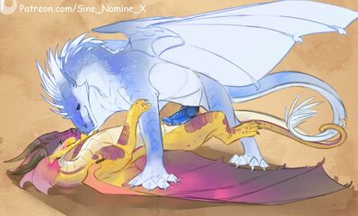 Winter and Kinkajou (Wings_of_Fire)
art by sine_nomine_x
Keywords: wings_of_fire;icewing;rainwing;winter;kinkajou;dragon;dragoness;male;female;feral;M/F;penis;missionary;masturbation;spooge;sine_nomine_x