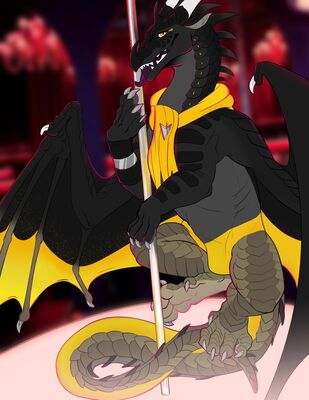 Hybrid Poledance (Wings_of_Fire)
art by sinpufff
Keywords: wings_of_fire;nightwing;sandwing;hybrid;dragon;male;feral;solo;poledance;suggestive;sinpufff