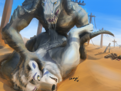 Wrong Turn
art by skogi
Keywords: videogame;fallout;reptile;lizard;deathclaw;furry;ursine;polar_bear;male;anthro;M/M;from_behind;anal;skogi