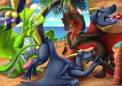 Dragons on the Beach
art by skyvo
Keywords: dragon;male;feral;M/M;threeway;spitroast;penis;from_behind;suggestive;oral;anal;tailplay;masturbation;ejaculation;spooge;closeup;beach;skyvo