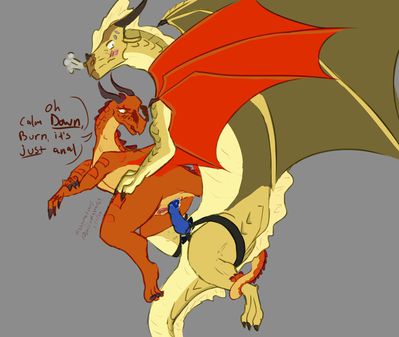 Burn and Scarlet (Wings_of_Fire)
art by skywngfckr
Keywords: wings_of_fire;sandwing;skywing;princess_burn;queen_scarlet;dragoness;female;feral;lesbian;dildo;from_behind;strapon;vagina;anal;spooge;humor;skywngfckr