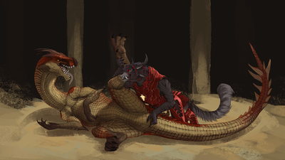 Charr vs Raptor
art by slash0x
Keywords: videogame;guild_wars;dinosaur;theropod;raptor;female;feral;furry;feline;charr;male;anthro;M/F;cloaca;fingering;masturbation;cloacal_penetration;slash0x