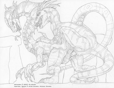 Vertigo and Talon Mating
art by slash0x
Keywords: videogame;primal_rage;dinosaur;theropod;raptor;velociraptor;sellosaurus;talon;vertigo;male;female;feral;M/F;penis;from_behind;cloacal_penetration;spooge;slash0x