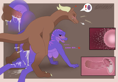 Very Good Boy
art by slashner
Keywords: dragon;dinosaur;theropod;raptor;male;female;anthro;breasts;M/F;penis;from_behind;vaginal_penetration;internal;ejaculation;orgasm;spooge;slashner