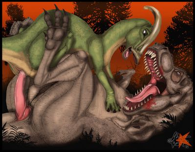 Sleeping With The Enemy
art by klausd
Keywords: dinosaur;theropod;tyrannosaurus_rex;trex;hadrosaur;parasaurolophus;male;female;feral;M/F;penis;cowgirl;cloacal_penetration;spooge;klausd