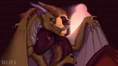 Scarlet and Burn (Wings_of_Fire)
art by slo1ka
Keywords: wings_of_fire;skywing;sandwing;princess_burn;queen_scarlet;dragoness;female;feral;suggestive;romance;slo1ka