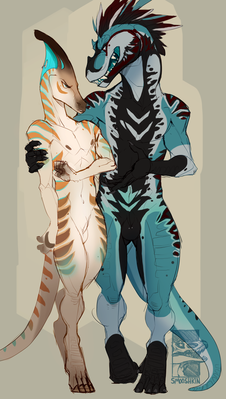 Flint and Vex Flirting
art by smooshkin
Keywords: dinosaur;theropod;hadrosaur;parasaurolophus;male;anthro;M/M;suggestive;smooshkin