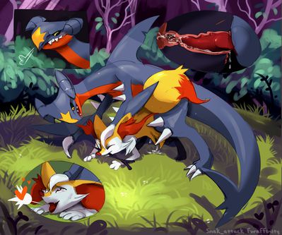 Braixen and Garchomp
art by snak_attack
Keywords: anime;pokemon;dragon;furry;canine;fox;braixen;garchomp;male;female;anthro;M/F;penis;from_behind;vaginal_penetration;internal;spooge;snak_attack