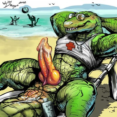 Some Gator Guard Action
art by winddragon
Keywords: crocodilian;alligator;male;anthro;solo;penis;spooge;beach;winddragon