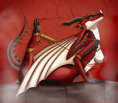 Bonded Skywing (Wings_of_Fire)
art by soonbert_thestick
Keywords: wings_of_fire;skywing;dragoness;female;anthro;breasts;solo;bondage;soonbert_thestick