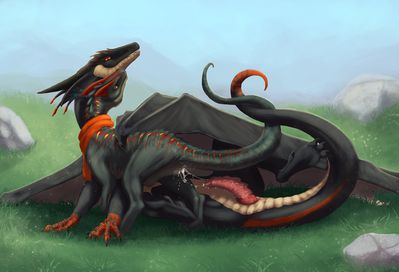 After Snugs
art by stardragon102
Keywords: dragon;wyvern;dinosaur;theropod;dilophosaurus;male;female;feral;M/F;penis;vagina;cowgirl;suggestive;spooge;stardragon102