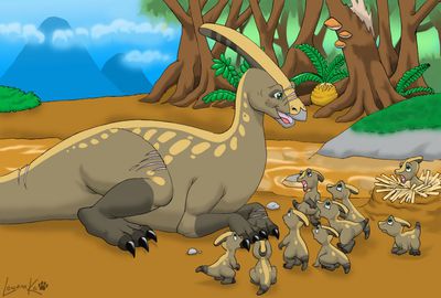 Storyteller
unknown artist
Keywords: dinosaur;hadrosaur;parasaurolophus;hatchling;female;feral;solo;non-adult