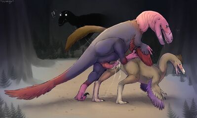 Playing With Prey
art by strangerswarehouse
Keywords: dinosaur;theropod;raptor;dakotaraptor;ornithomimus;male;female;feral;M/F;penis;from_behind;cloacal_penetration;spooge;strangerswarehouse