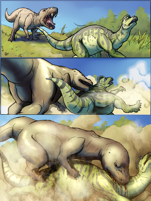 Tyrannosaur and Hypacrosaurus 1
art by styxandstoned
Keywords: comic;dinosaur;theropod;tyrannosaurus_rex;trex;hadrosaur;hypacrosaurus;male;female;feral;M/F;necro;vore;styxandstoned