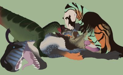 Vohten and the Trio (colored)
art by svevato
Keywords: dinosaur;theropod;raptor;austroraptor;torvosaurus;carnotaur;tyrannosaurus_rex;trex;male;feral;M/M;orgy;penis;missionary;double_penetration;anal;docking;spooge;svevato