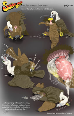 Sawyer and the Vulture Love Nest 10
art by haliaeetus or moisteaglevent
Keywords: comic;eagle;vulture;male;feral;M/M;cloaca;from_behind;oral;spooge;closeup;haliaeetus;MoistEagleVent