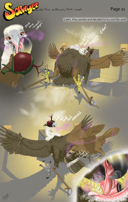 Sawyer and the Vulture Love Nest 11
art by haliaeetus or moisteaglevent
Keywords: comic;eagle;vulture;male;feral;M/M;cloaca;bondage;oral;closeup;spooge;haliaeetus;MoistEagleVent