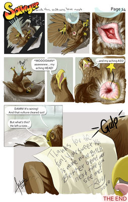 Sawyer and the Vulture Love Nest 14
art by haliaeetus or moisteaglevent
Keywords: comic;eagle;vulture;male;feral;M/M;cloaca;oral;spooge;haliaeetus;MoistEagleVent