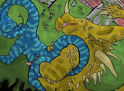 Armadon Mounts Vertigo
art by swampstomper
Keywords: videogame;primal_rage;dinosaur;ceratopsid;chasmosaurus;sellosaurus;armadon;vertigo;male;anthro;M/M;penis;from_behind;anal;spooge;swampstomper