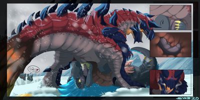 Anjanath and Glavenus
art by syntex
Keywords: videogame;monster_hunter;dragon;dinosaur;theropod;tyrannosaurus_rex;trex;anjanath;glavenus;male;feral;M/M;penis;oral;anal;rimjob;internal;closeup;syntex