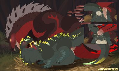 Tobi-kadachi and Girros Making Eggs
art by syntex
Keywords: videogame;monster_hunter;dragon;dragoness;tobi-kadachi;girros;male;female;feral;M/F;penis;from_behind;vaginal_penetration;egg;oviposition;spooge;syntex