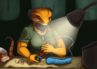 Upgrades 1
art by syrinoth
Keywords: lizard;bearded_dragon;female;anthro;breasts;solo;dildo;syrinoth