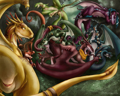 Lesbian Dragon Orgy
art by syrinoth
Keywords: dragoness;female;feral;lesbian;orgy;cloaca;tailplay;spread;masturbation;oral;syrinoth