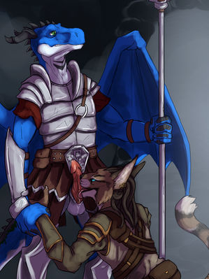 Seducing The Guards
art by syrinoth
Keywords: videogame;skyrim;dragon;furry;feline;khajiit;male;anthro;M/M;penis;oral;syrinoth