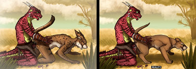 Argonian and Khajiit: Anthro vs Feral
art by syrinoth
Keywords: videogame;skyrim;argonian;feline;khajiit;male;female;feral;anthro;breasts;M/F;penis;from_behind;vaginal_penetration;spooge;syrinoth