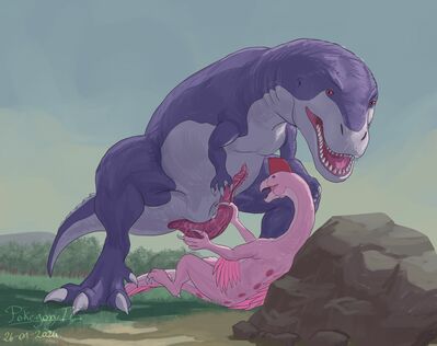 Adult Chomper x Ruby
art by t-ace_juice
Keywords: cartoon;land_before_time;lbt:dinosaur;theropod;tyrannosaurus_rex;trex;oviraptor;ruby;chomper;male;female;feral;M/F;penis;masturbation;spooge;t-ace_juice