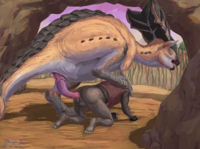 A Raider To Satisfy
art by t-ace_juice or pokegontc
Keywords: beast;videogame;monster_hunter;kestodon;dinosaur;hadrosaur;human;man;male;feral;M/M;penis;from_behind;anal;spooge;t-ace_juice;pokegontc