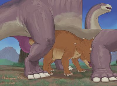 The Rivalry Goes On
art by t-ace_juice
Keywords: cartoon;land_before_time;lbt:dinosaur;sauropod;apatosaurus;ceratopsid;triceratops;littlefoot;cera;male;female;feral;M/F;penis;from_behind;suggestive;t-ace_juice