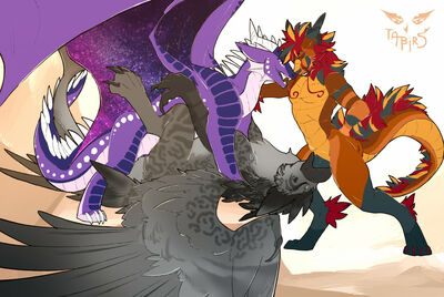 Nevula Threeway (Wings_of_Fire)
art by tabirs
Keywords: wings_of_fire;rainwing;nightwing;hybrid;dragon;furry;gryphon;male;feral;M/M;threeway;spitroast;penis;missionary;oral;anal;tabirs