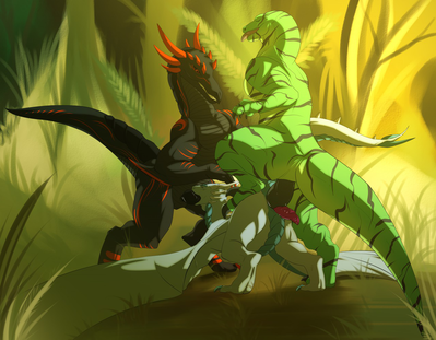 Drake Threesome
art by tabirs
Keywords: dragon;wyvern;dinosaur;theropod;raptor;male;feral;anthro;M/M;threeway;spitroast;penis;oral;anal;from_behind;tabirs