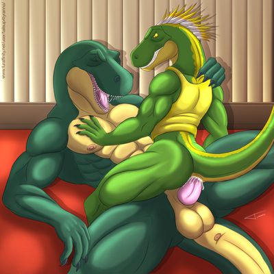 Rex and Raptor
art by tailsup4tyranno
Keywords: dinosaur;theropod;tyrannosaurus_rex;trex;raptor;velociraptor;male;anthro;M/M;penis;cowgirl;anal;spooge;tailsup4tyranno
