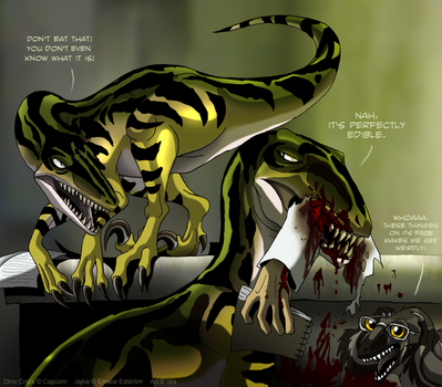Tasty Science
art by isismasshiro
Keywords: videogame;dino_crisis;dinosaur;theropod;raptor;deinonychus;feral;gore;humor;isismasshiro