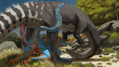 Prosauropod and Dragonborn (Baldurs_Gate)
art by technesaurus
Keywords: videogame;baldurs_gate;dinosaur;sauropod;prosauropod;dragonborn;male;feral;anthro;M/M;penis;from_behind;anal;spooge;technesaurus