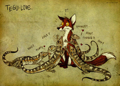 Tegu Love
art by culpeo_fox
Keywords: lizard;tegu;furry;canine;fox;feral;humor;non-adult;culpeo_fox