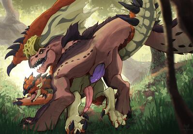 Anjanath and Rathalos
art by tenebscuro
Keywords: videogame;monster_hunter;anjanath;rathalos;dragon;dinosaur;theropod;tyrannosaurus_rex;trex;wyvern;male;feral;M/M;penis;from_behind;anal;tenebscuro