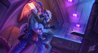 Cyberpunk Sex
art by thatPotoo
Keywords: dragon;furry;feline;male;female;feral;anthro;M/F;penis;reverse_cowgirl;vaginal_penetration;thatPotoo