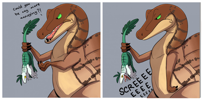 Screecher
art by THE_CReePer.
Keywords: dinosaur;theropod;raptor;velociraptor;spinosaurus;feral;humor;non-adult;THE_CReePer.