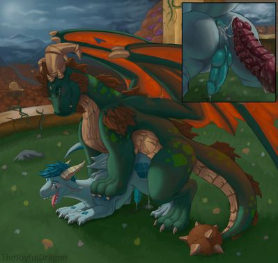 Terrador Mounts Cryozen
art by thejoyfuldragon
Keywords: videogame;spyro_the_dragon;dragon;terrador;male;feral;anthro;M/M;penis;from_behind;anal;closeup;spooge;thejoyfuldragon