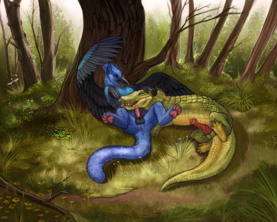 Lover's Retreat
art by theowlette
Keywords: gryphon;crocodilian;crocodile;male;female;herm;feral;M/F;penis;vagina;suggestive;theowlette