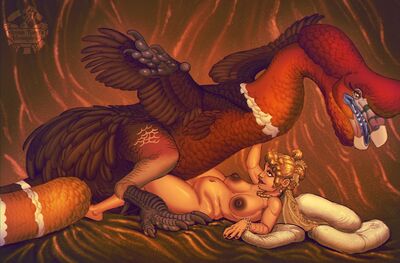 Leda and Plumebeast
art by theroyalfowl
Keywords: beast;dinosaur;theropod;plumebeast;human;woman;male;female;feral;M/F;missionary;suggestive;theroyalfowl;avian-king