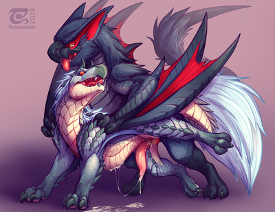 Nargacuga and Tobi-Kadachi
art by the_secret_cave
Keywords: videogame;monster_hunter;dragon;wyvern;nargacuga;tobi-kadachi;male;feral;M/M;penis;from_behind;anal;spooge;the_secret_cave