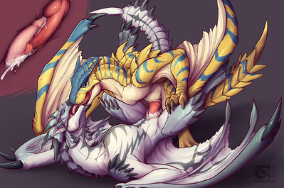 Rathalos x Tigrex
art by the_secret_cave
Keywords: videogame;monster_hunter;dragon;wyvern;rathalos;tigrex;male;anthro;M/M;penis;missionary;cloacal_penetration;internal;masturbation;spooge;the_secret_cave