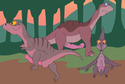 Dinos
art by thezoocrew
Keywords: dinosaur;sauropod;brontosaurus;pterodactyl;theropod;tyrannosaurus_rex;trex;male;anthro;solo;penis;thezoocrew
